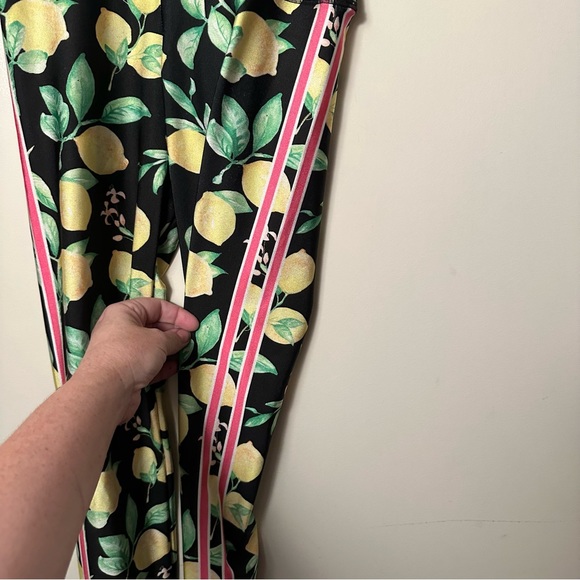 Emily HSU Designs Black High Waisted Lemon Print Pink & White Striped Leggings S - Picture 4 of 15